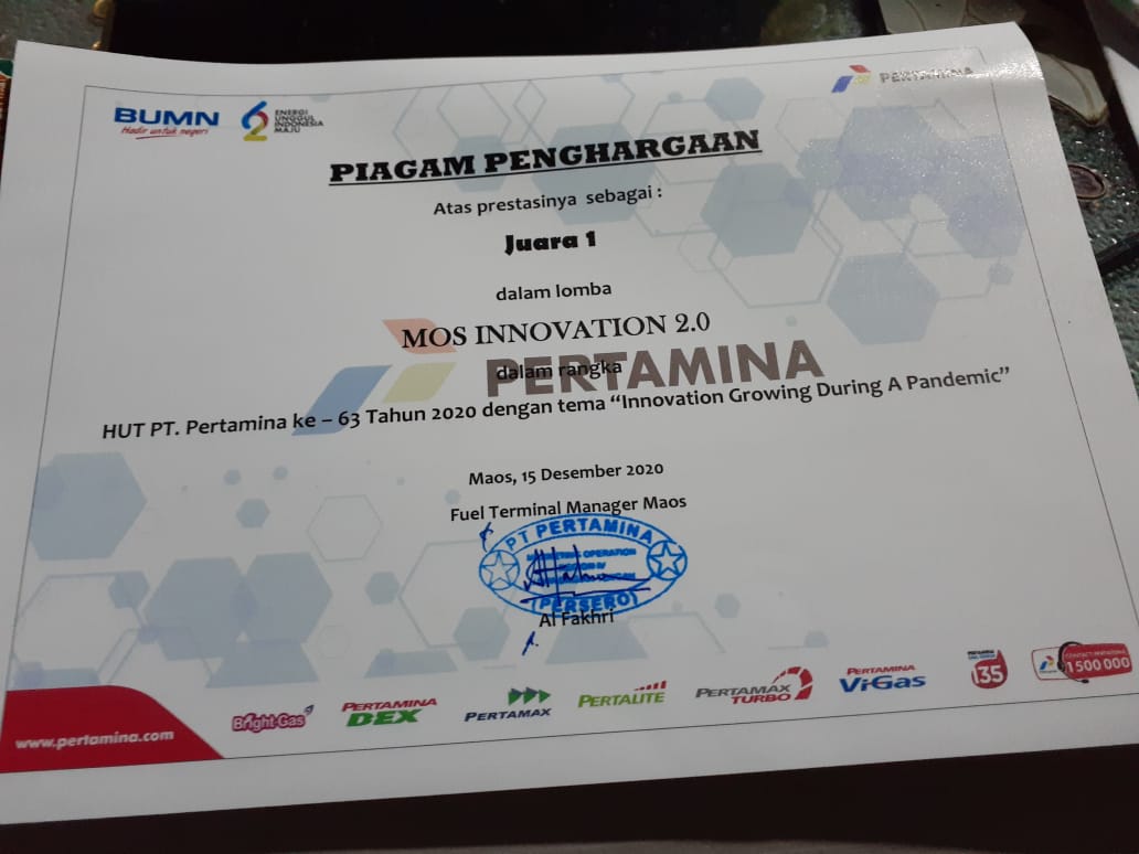 Piagam Penghargaan Juara 1 Most Innovation 2.0 HUt PT. Pertamina